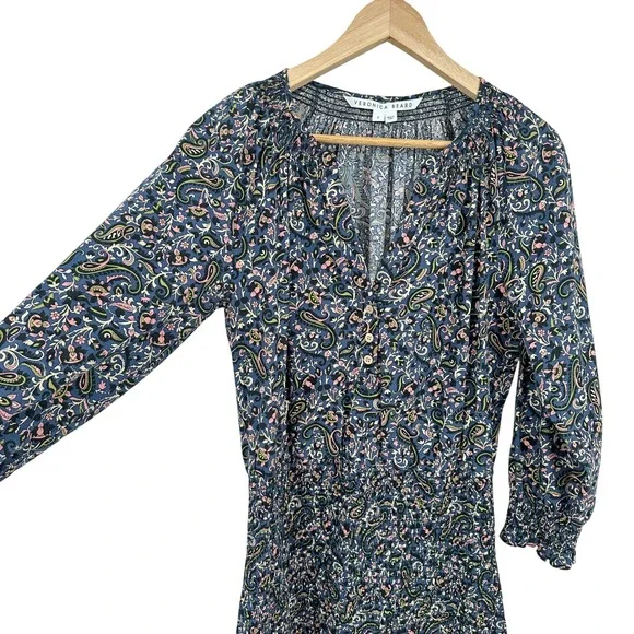 Veronica Beard Karlina Blue Paisley Smocked Cotton Mini Dress Size 6 - Picture 2 of 5
